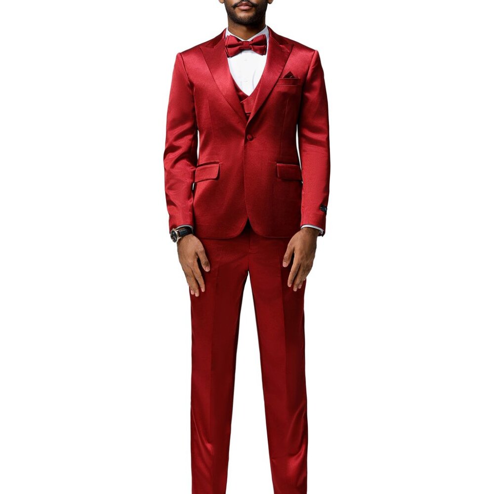 Burgundy Satin Textured Peak Lapel 3 Piece Skinny Fit Tazzio Men's Suit